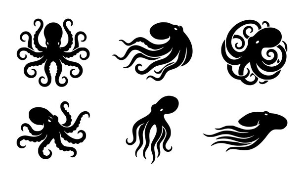 Black octopus silhouette pack with dynamic tentacle movements and underwater marine poses