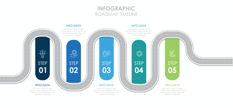 Business infographic template with 5 options.
5-step road infographic.  Easy to use on your website or in your presentation.  Vector illustration.