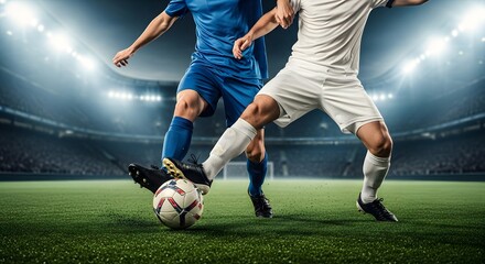 Naklejka premium Detailed View Of Soccer Players Legs Fighting For Ball On Pitch