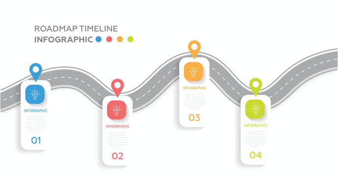 Business road map timeline infographic with icons designed for an abstract background template. 4 step digital marketing data presentation chart Vector illustration