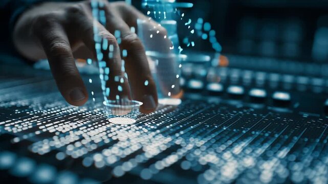 Hand adjusting digital interface with glowing data points and futuristic technology alongside audio mixer control panel illuminated by soft blue
