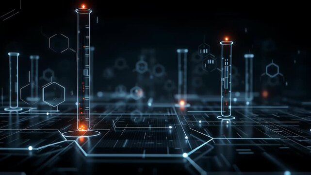 Digital test tube glowing with chemical particle hologram and molecular structure in futuristic lab environment advanced technology concept