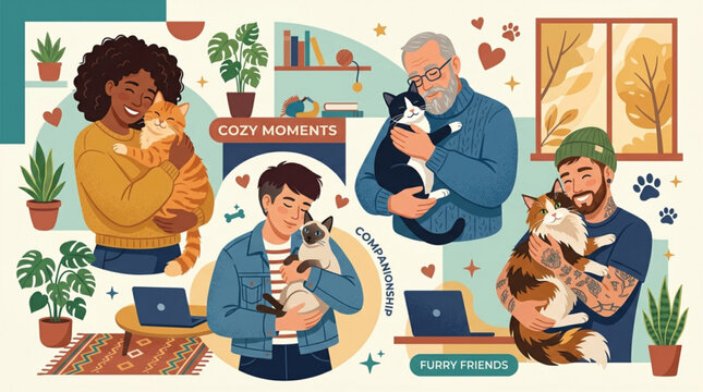 People hugging cats in cozy home setting with plants and laptops