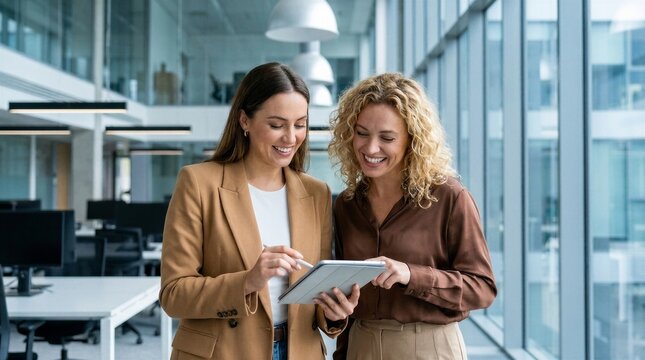 Professional business people working. Asian businesswoman, African American employee woman discussing project in office. Team leader explain trainee working process using tablet pc computer. Vertical