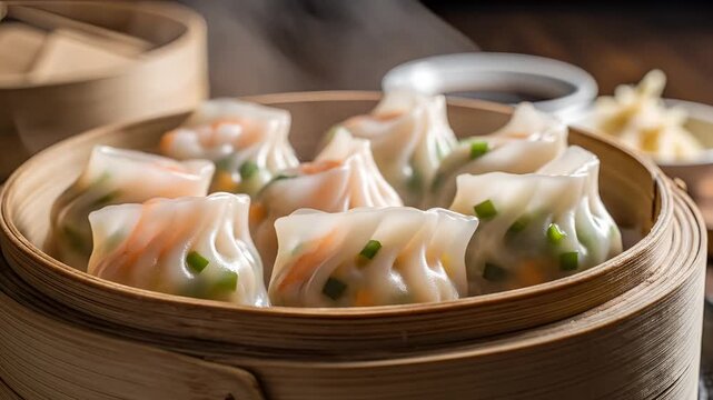 Steaming Delicious Chinese Dumplings in a Bamboo Steamer Basket.