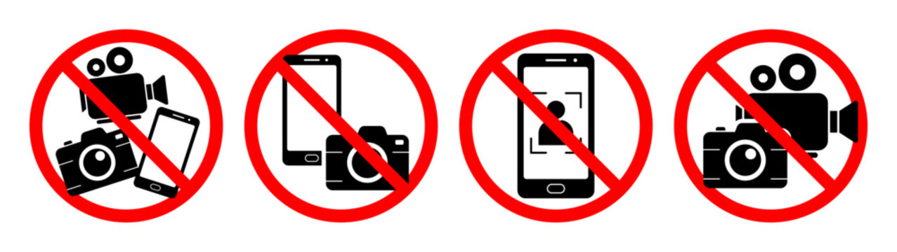 No camera, photo, video, mobile phone and smartphone prohibition sign set. Photography and recording ban symbols for security, privacy and restricted areas, Vector illustration