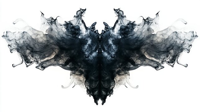 Abstract dark gray smoke forming symmetrical bat-like shape on white background.
