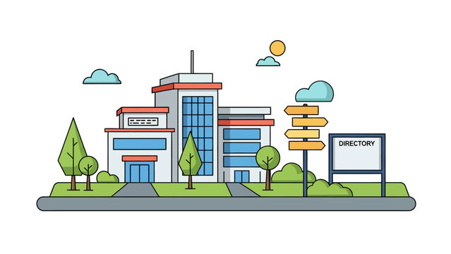 Modern Corporate Campus and Office Building Complex Flat Vector Illustration with Wayfinding Signs and Directory