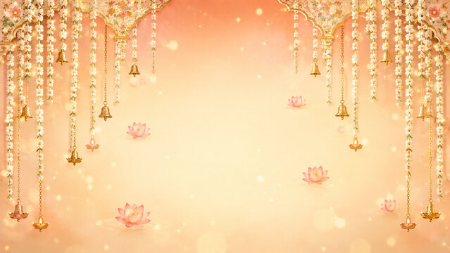 Indian Wedding Invitation Background with Bells and Lotus Flowers
