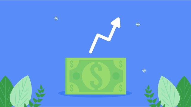 Animated flat design concept of rising profits with dollar bill and upward white arrow on blue background.