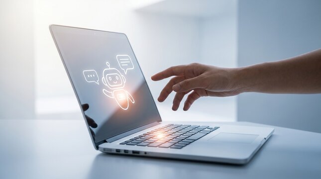 Hand reaching towards a glowing ai chatbot icon on a laptop screen, representing artificial intelligence, digital communication, and automated customer support