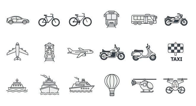 Transportation icons car bicycle train bus motorcycle plane taxi boat