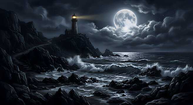 Malang, East Java, Indonesia: May 15, 2026 Illustration fromA solitary lighthouse stands on jagged cliffs under a bright full moon, casting a guiding beam over crashing waves and swirling clouds for a