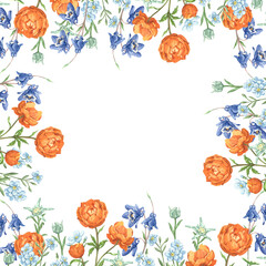 Obraz premium A watercolor square frame with orange globeflowers, edelweiss, blue columbine, and forget-me-nots