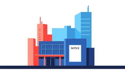 Naklejka premium Flat Vector Illustration of a Modern Office Building with a Notice Sign and Stylized City Skyline in Blue and Red