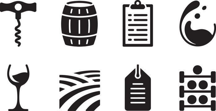 Modern wine vineyard barrel glass corkscrew bottles icons set in solid style on white with wine