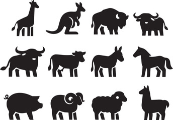 Obraz premium Minimalist Animal Silhouette Vector Icon Set Featuring Giraffe, Kangaroo, Bison, Bull, Cow, Donkey, Horse, Pig, Ram, Sheep, Llama for Logo Design, Infographics, and Web Interface Branding.