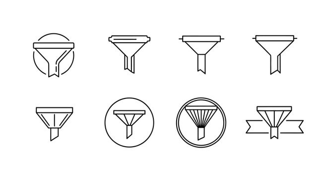 Set of eight minimalist funnel icons for data filtering