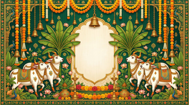Traditional Indian Wedding Invitation Background with Kamadhenu