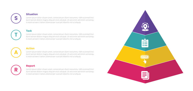 star method technique infographics template diagram with 3d pyramid shape with 4 point step design for slide presentation