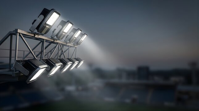 Stadium floodlights shining over a dark field during a night sports event