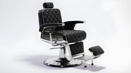 Fototapeta premium Vintage barber chair with black quilted leather upholstery, professional chrome salon furniture, classic hairdressing equipment on white background