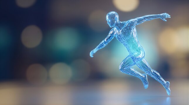 Wireframe digital human figure running in a virtual space environment