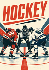 084-28-Hockey players and referee performing a face-off in retro style art © Lev