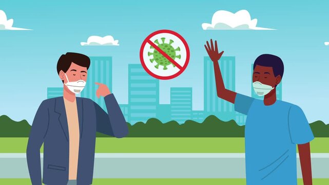 Interracial men wearing medical face masks and greeting at distance for covid19 prevention in city landscape animation.