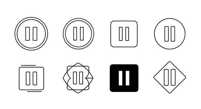 Set of eight diverse pause button icons for multimedia interface design