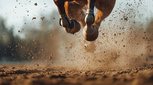 Close-up of a horse's hooves kicking up dust while galloping.