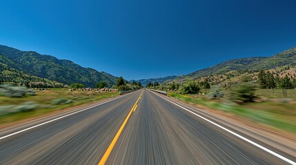 Obraz premium Vast Empty Highway Through Green Mountains Under a Clear Blue Sky