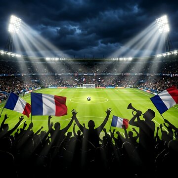 Soccer stadium with excited crowd waving French flags under floodlights