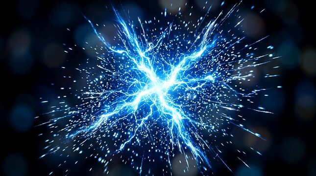 Bright blue electric lightning discharge explosion with glowing sparks and particles on a dark background imagine studio