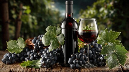 Obraz premium Rich Red Wine in Glass and Bottle with Fresh Grapes on Rustic Wooden Table in Vineyard