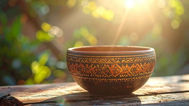 A decorative ceramic bowl sits on a wooden surface in natural sunlight