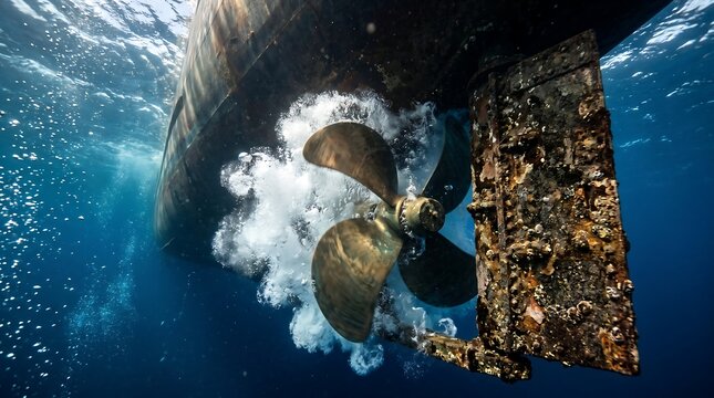 Underwater ship propeller actively propelling global cargo transport, illustrating marine engineering, powerful propulsion, and advanced shipping technology through deep blue ocean.