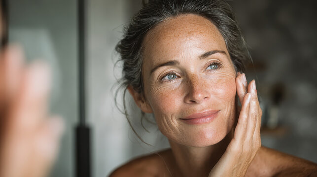 Midlife woman caring for her skin with moisturizer during menopause and embracing healthy aging
