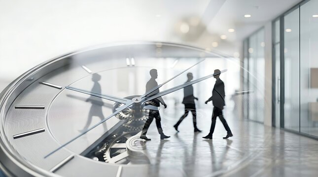 Double exposure of business people walking in an office hallway and a clock face with gears, representing time management and productivity imagine studio