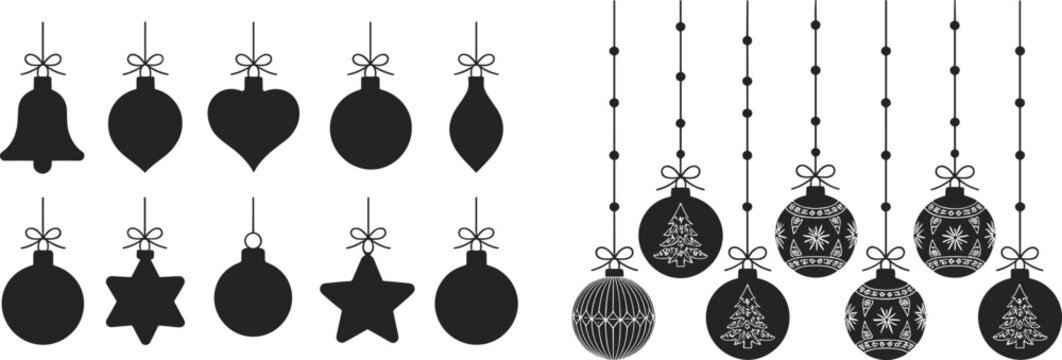 Black silhouette Christmas ornaments with bows and patterns, festive holiday decoration vector design, bells, hearts, stars, baubles, seasonal graphic illustration