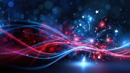 Obraz premium Abstract vibrant image with flowing red and blue light trails, sparkling stars, and glowing particles on a dark background.