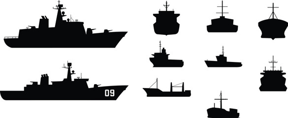 Black silhouettes of naval warships, cargo ships, tugboats, fishing vessels, maritime fleet illustration for military, transport, and ocean design concepts © MOSTSHAHANAJ