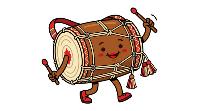 Cute cartoon dhol drum character playing music illustration.