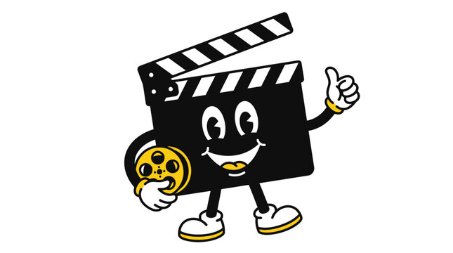Cartoon film clapperboard character holding a film reel with a thumbs up.