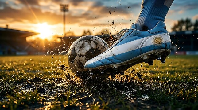 Argentine soccer player kicking ball on field at sunset stadium