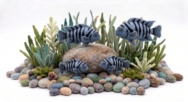 Aqua Puff Series - Black Convict Cichlid Felt Aquarium Diorama