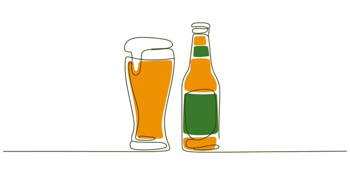 Continuous one line drawing of Beer glass bottle vector illustration.one line drawing of beer glass with foam. Craft drink alcohol ale in simple line, representing cold beverage, refres color. minimal