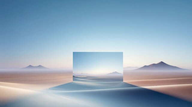 mirror portal in pastel desert sunrise, solitary glass frame rising from sand reflecting curved dune and pale sky, soft gradient light bathing minimal