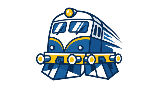 Cartoon style blue and white passenger train engine locomotive illustration.