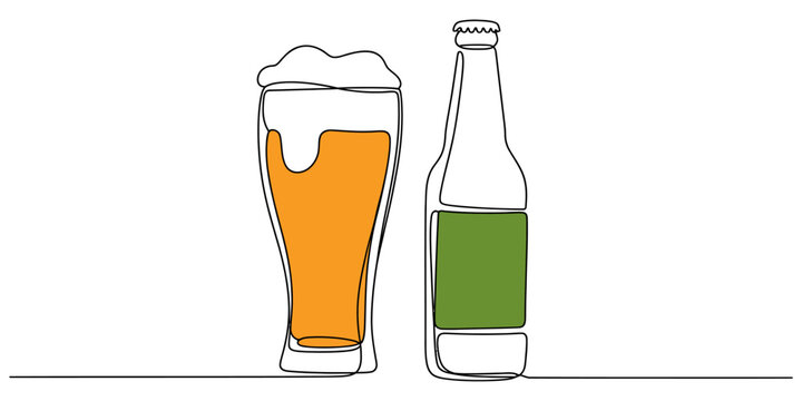 Continuous one line drawing of Beer glass bottle vector illustration.one line drawing of beer glass with foam. Craft drink alcohol ale in simple line, representing cold beverage, refres color. minimal
